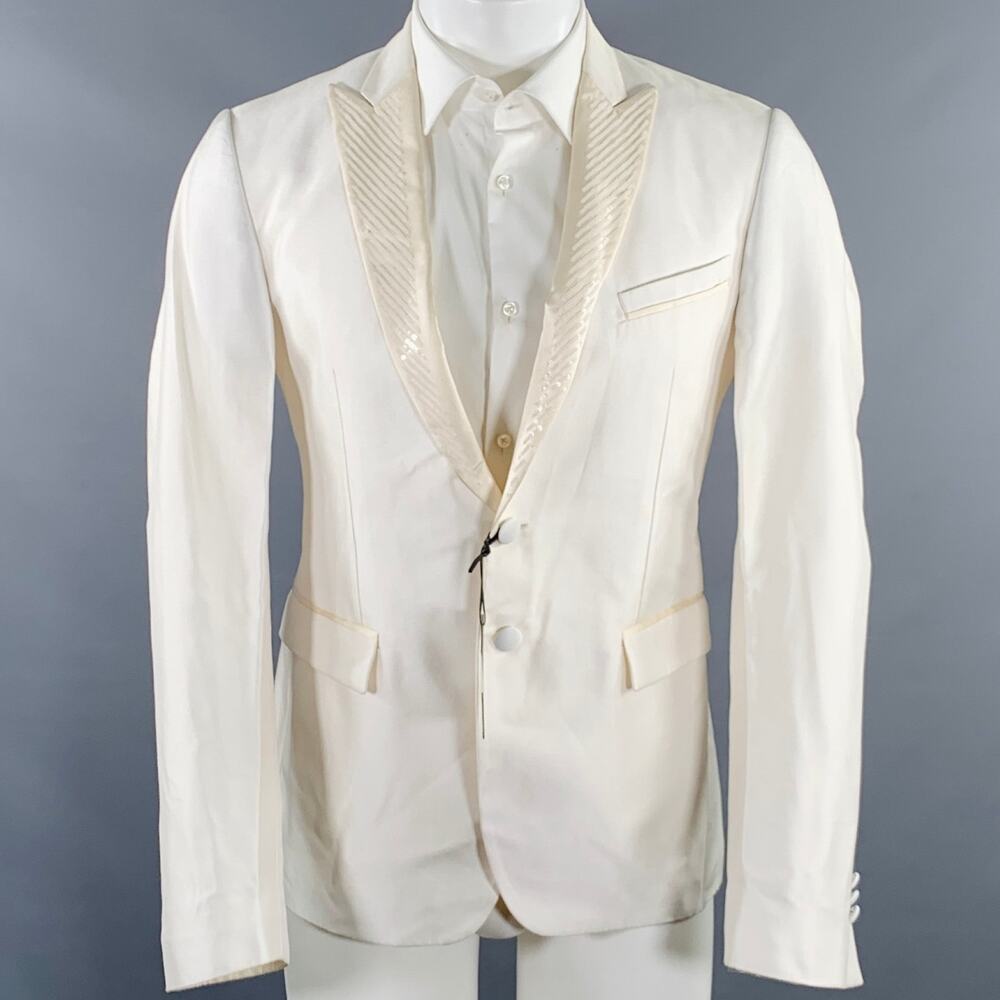 JUST CAVALLI Size 38 White Beige Sequined Peak Lapel Sport Coat